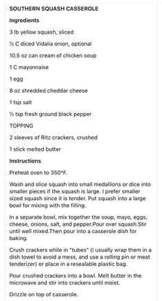 the recipe for southern squash casserole is shown in an image above it's description