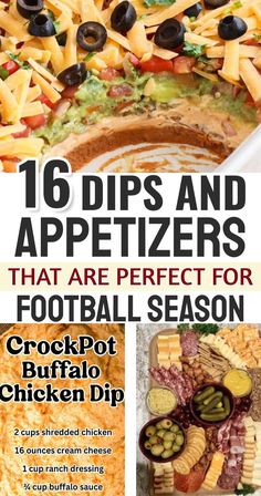 the cover of an appetizer that is perfect for football season, including crackers and cheese dips