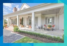 the front porch of a white house with lots of furniture on it's patio