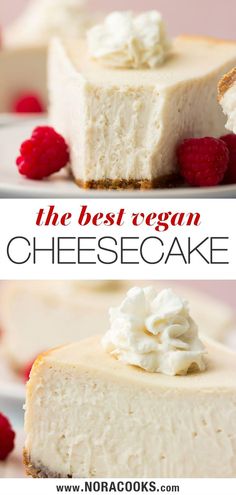 the best vegan cheesecake with raspberries and whipped cream is on a white plate