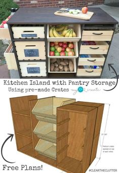 kitchen island with pantry storage using pre - made crates and free plans for the drawers