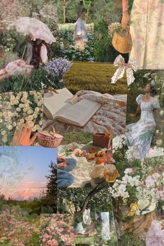 a collage of pictures with flowers and people in the background, including an open book