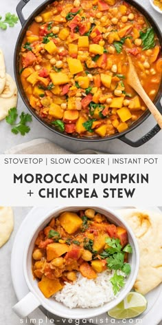 moroccan pumpkin and chickpea stew in a skillet with text overlay that reads, stovetop slow cooker instant pot moroccan pumpkin and chicken stew