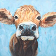 a painting of a brown cow's face on a blue background