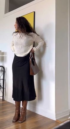 Comfortable Dress Outfits, Millennial Work Outfit, 1980s Italian Fashion, Business Casual Outfits Florida, Speakeasy Bar Outfit, Long Skirt Knee High Boots, 2024 Womens Business Fashion, Tall Boots With Long Skirt, Dresses As Skirts Outfits