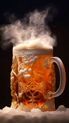 a mug with steam rising out of it on top of snow covered ground and black background