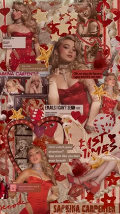 the collage is made up of red and white hearts, stars, and other things