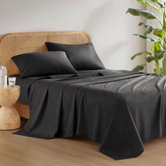 a bed with black sheets and pillows in a room next to a potted plant