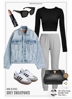 Gray Adidas Sweatpants Outfit, Grey Tracksuit Pants Outfit, How To Wear A Tracksuit, Comfortable Sweatpants Outfits, Fall Sweat Pants Outfit, Shoes With Sweatpants, Sports Attire For Women Outfit Ideas, Hanging Out Outfit Casual, Grey Lounge Pants Outfits