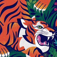 an orange tiger with its mouth open and green leaves around it's neck, on a blue background