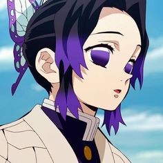 an anime character with purple hair and butterflies on her head, staring at the sky