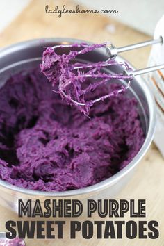 mashed purple sweet potatoes in a metal bowl