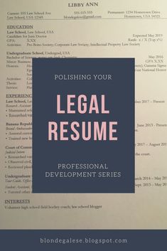 a professional resume with the words polishing your legal resume in pink and blue on it