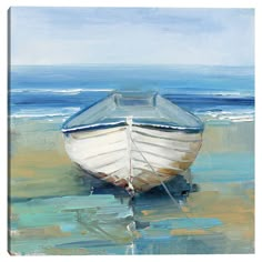 a painting of a boat on the beach