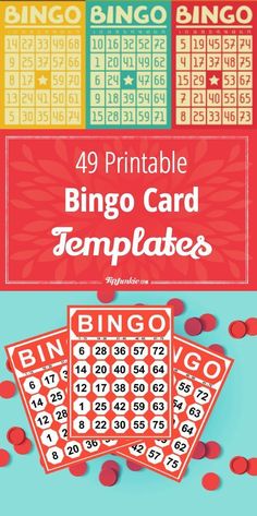 printable bingo card templates with red and yellow numbers on the front, blue background