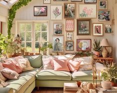 a living room filled with lots of furniture and pictures on the wall above it's windows