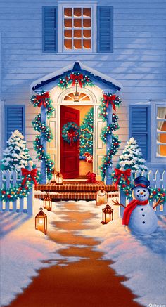 a painting of a snowman in front of a house decorated with christmas wreaths