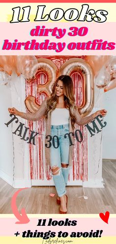 a woman standing in front of balloons with the number 30 on it and an image of her