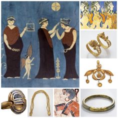 an assortment of ancient items including rings, bracelets and necklaces are shown in this collage