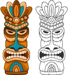 two tiki masks with different designs on them