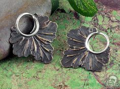 Silver and Brass Leaf Blade Design Alt Earrings, Goblin Hoard, Organic Jewelry Design, Aluminum Earrings, Piercing Inspo, Organic Jewelry, Ear Weights, Hanging Jewelry, Large Hole Beads