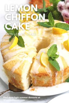 a lemon cake on a white plate with the title overlay reads, lemon chiffon cake with lemon glaze