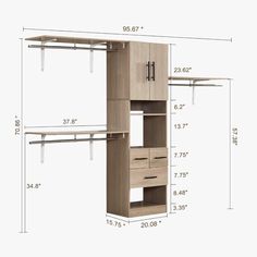 a drawing of a closet with shelves and hanging bars on the wall, measurements for each shelf