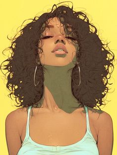 a digital painting of a woman with curly hair wearing a green tank top and hoop earrings