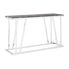 a modern console table with marble top and metal frame, on an isolated white background