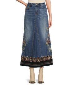 From Driftwood&#x2C; this skirt features: Stretch denim fabrication Medium wash Intricate floral embroideryHigh rise waistlineBelt loops for styling 6 pocket jean A-line silhouetteClassic fit Straight hemlineMaxi length Cotton&#x2C; spandexMachine wash on cool cycle&#x2C; wash with similar colors&#x2C; wash with similar fabrications&#x2C; promptly remove from wash&#x2C; tumble dry on low&#x2C; use iron on low if neededImported. Casual Embroidered Medium Wash Denim Skirt, Spring Embroidered Cotton Denim Skirt, Summer Floral Embroidered Denim Skirt, Embroidered Medium Wash Denim Skirt, Embroidered Fitted Denim Skirt, Casual Style, Pocket Jeans, Floral Embroidery, Stretch Denim, Rich Color