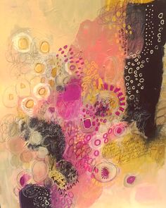 an abstract painting with lots of different colors and shapes on it's surface, including circles