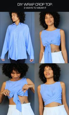 four different pictures of a woman wearing a blue shirt