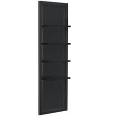 an empty black shelf with three shelves on each side and one door open to reveal the bottom