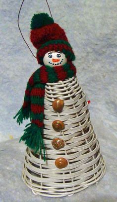 a white basket with a snowman on it and buttons attached to the top, sitting in the snow