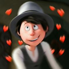 the animated character is wearing a hat with hearts coming out of it