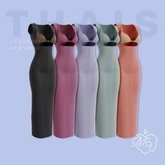 six dresses in different colors and sizes on a blue background with the words tulis next to them