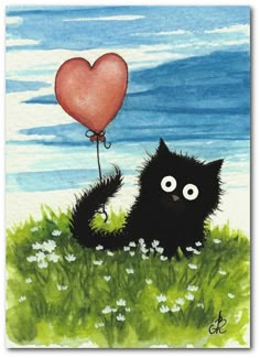 a painting of a black cat holding a heart shaped balloon