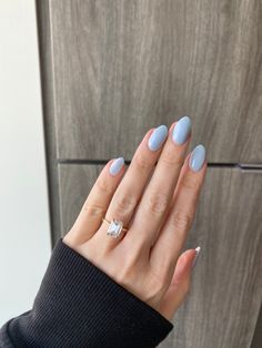 Almond Nails Periwinkle, Almond Acrylic Nails One Colour, Light Blue Nails Wedding, Light Blue Pastel Nails, Almost Shaped Nails, Blue Acrylics Almond, Powdered Blue Nails, Short Almond Baby Blue Nails, Blue Nails Round Shape