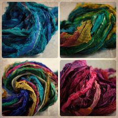 four pictures of different colored yarns in various stages of being used to make scarves