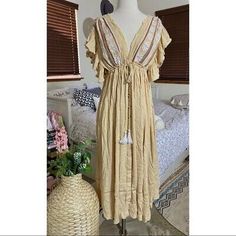 Free People Wildflower Honey Dress  | eBay Honey Dress, Wildflower Honey, Honey Yellow, Red Embroidery, Fingers Crossed, People Shopping, People Dress, Ruffled Sleeves, Boho Look