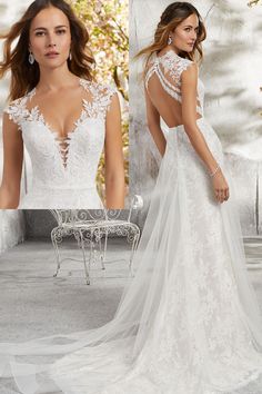 the back of a wedding dress with an open neckline and sheer lace on it