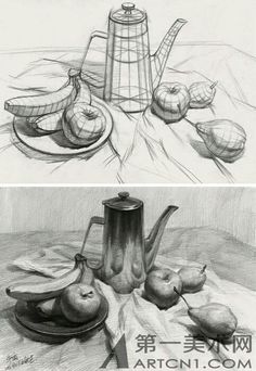 two drawings of apples, bananas and a teapot