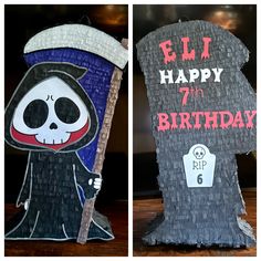 two pictures of halloween decorations made out of toilet paper with the words happy 7th birthday written on them