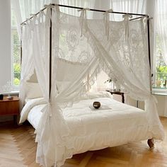 Elegant White floral embroidery Bed Canopy | Semi sheer lace canopy bed curtains with ties | Romantic Canopy Drapery Curtains | Shabby Chic Lace Canopy Bed, Lace Canopy, Girls Bed Canopy, Bed Drapes, Drapery Curtains, Canopy Bed Curtains, Canopy Bed Frame, White Floral Embroidery, Canopy Curtains