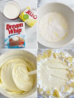 four pictures showing how to make cake with cream cheese and jello in the process