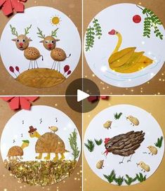 four plates with different pictures of animals and birds on them, one is made out of paper