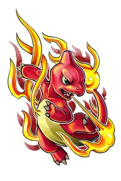 a red and yellow dragon with flames on its back