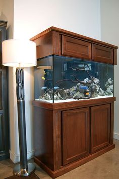 a fish tank sitting on top of a wooden cabinet next to a lamp