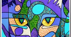 an abstract painting of two cats in purple and green colors, one with yellow eyes