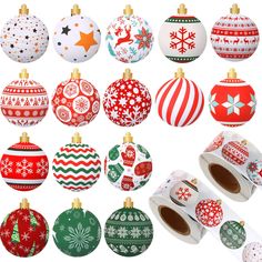 various christmas balls and ornaments are shown with the tape on top of each ornament